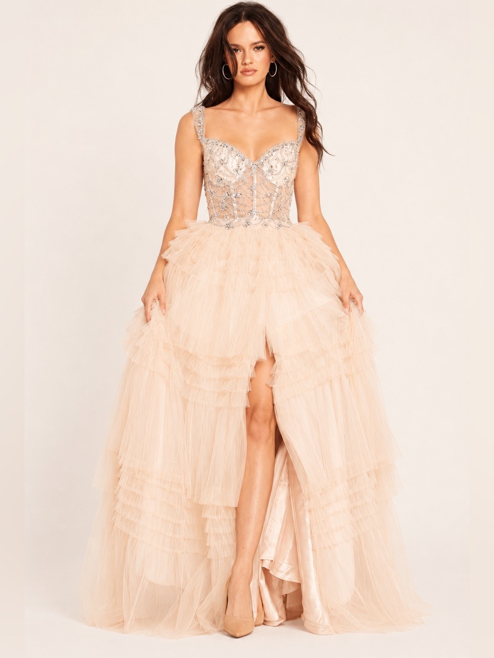 NWT JOVANI Beaded Corset Gown w/ Layered Tulle in Blush 37438~ Size 2 MSRP $719